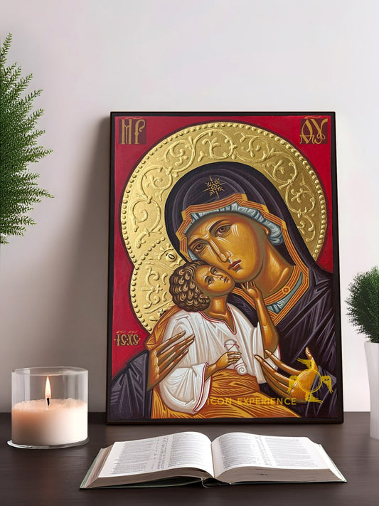 Hand-Painted Icon of Theotokos of Sweet Kissing (Glykophilousa) 22x30cm (9x12")