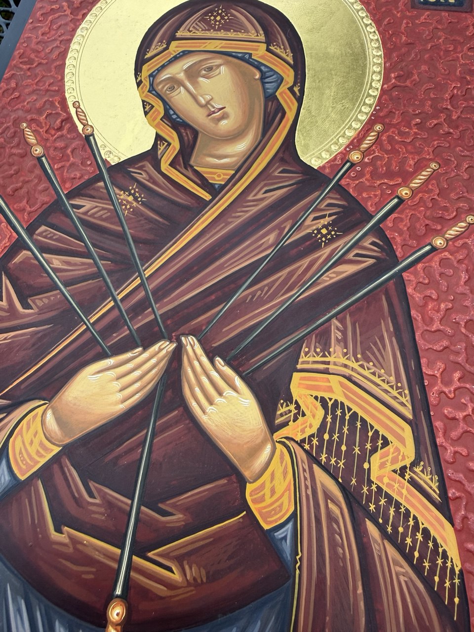 Hand-Painted Icon of the Mother of God “Seven Arrows” (Softening of Evil Hearts) 22x30cm (9x12")