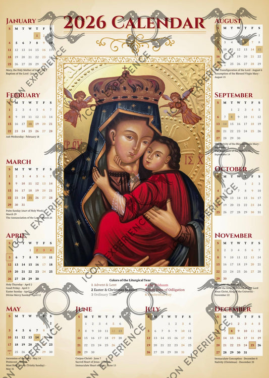Christian Liturgical Calendar 2026 — featuring the Icon of the Mother of God and Jesus