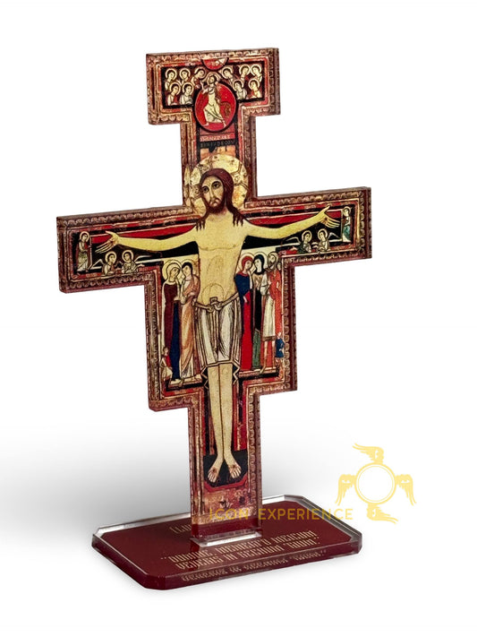 San Damiano Acrylic Crucifix – Devotional Tabletop Cross