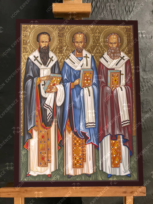 Three Holy Hierarchs, Saint Basil the Great, Saint Gregory the Theologian, Saint John Chrysostom, Handpainted icon