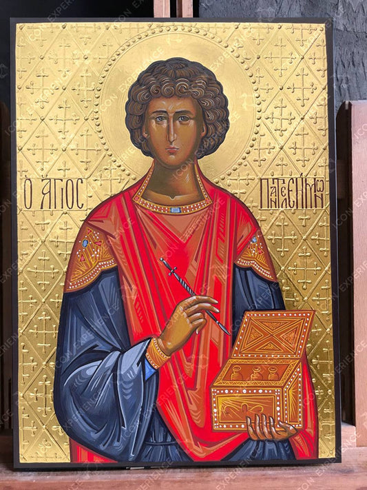 Saint Panteleimon The Great Martyr Handpainted Icon Greek Orthodox Byzantine Icon Wall Hanging Art Religious Handmade Sacral Decoration