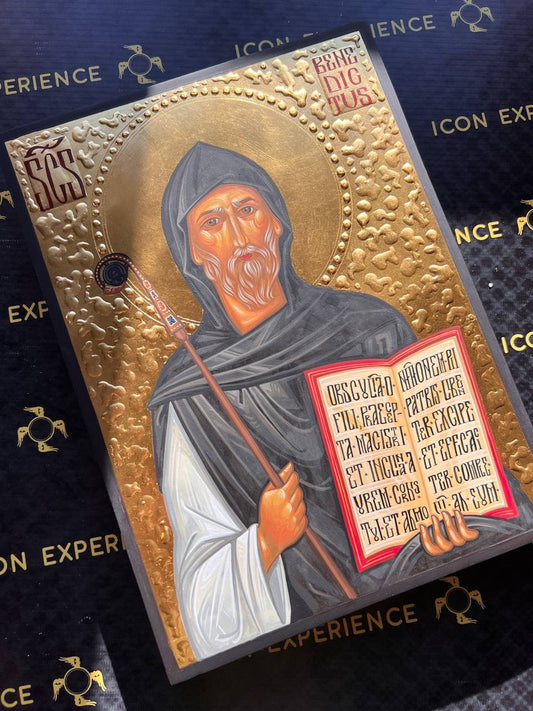 Saint Benedict of Nursia Handpainted Icon Catholic Wall Art Decoration Saint Patricks Day Idea Religious Handmade Craftsmanship on Wood
